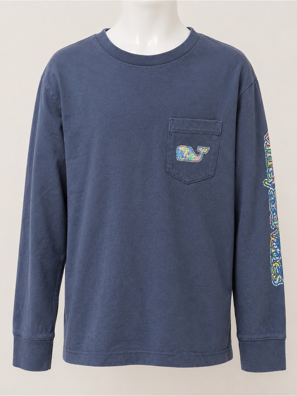 Vineyard Vines Navy Long-Sleeve Pocket Tee with Multicolor Whale